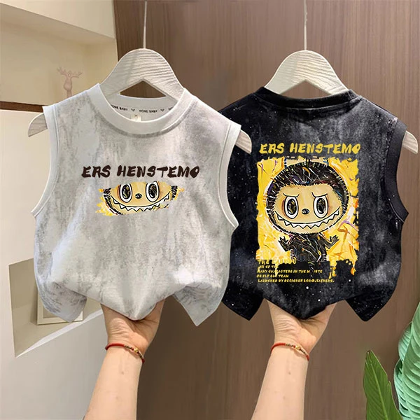 新款纯棉男女童扎染背心t恤2025夏季儿童洋气百搭卡通印花上衣潮T