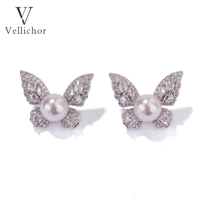 铜合金锆石耳饰 2025新款会发光珍珠蝴蝶耳钉女气质轻奢甜美耳环
