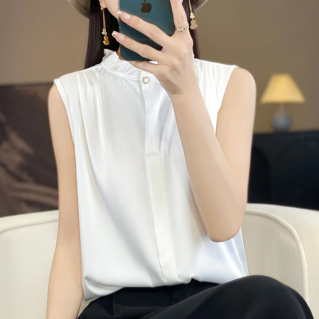 时尚气质木耳花边无袖T恤桑蚕丝百搭外穿夏季女背心打底洋气显瘦