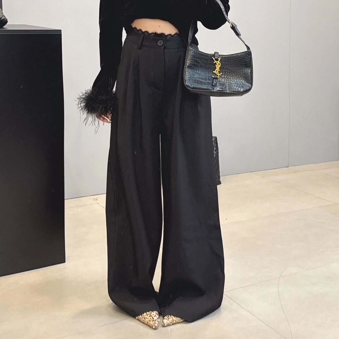 韩版东大门高腰蕾丝边显瘦百搭休闲ins垂感西装阔腿裤