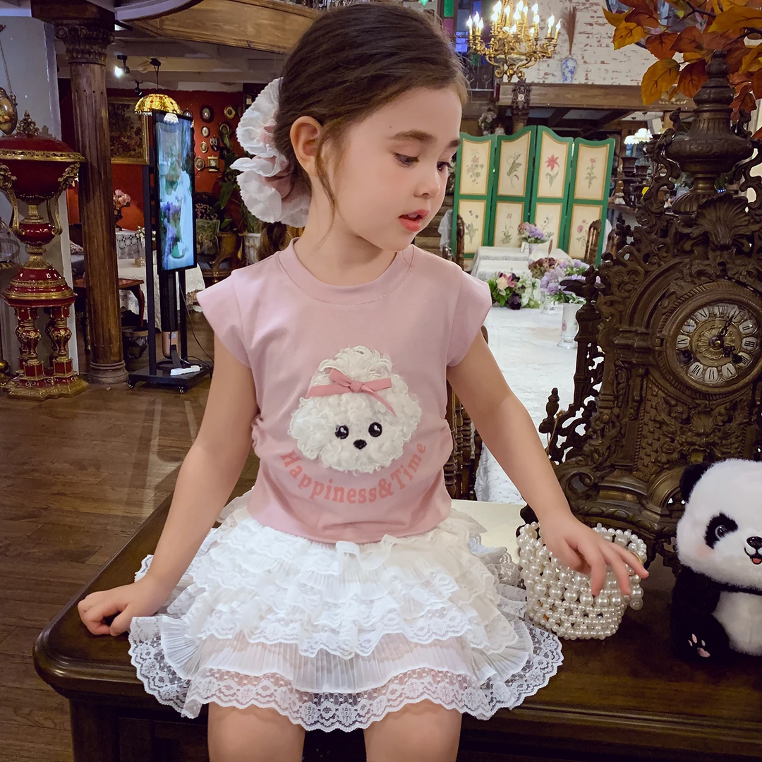 【现货】米米哈罗女童时髦休闲慵懒卡通小狗收腰短袖T恤上衣X25576