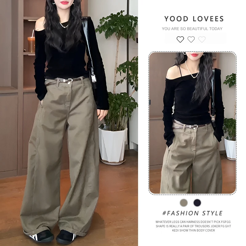 2025春秋新款韩风chic气质辣妹露肩长袖上衣阔腿裤时髦两件套女装