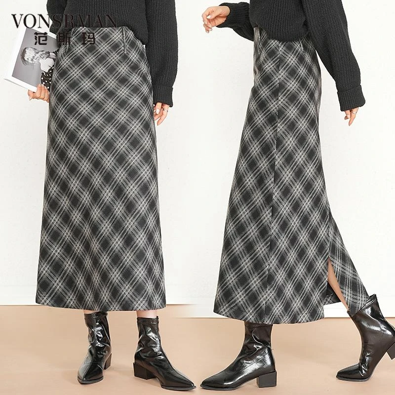 格纹半身裙女2025秋冬新款高腰显瘦中长裙毛呢格子a字开叉包臀裙a