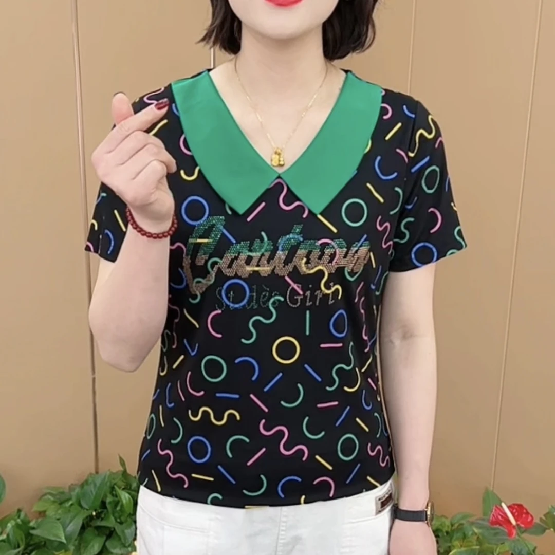 2025夏季新款时尚洋气娃娃领字母烫钻t恤气质妈妈装短袖上衣K8516