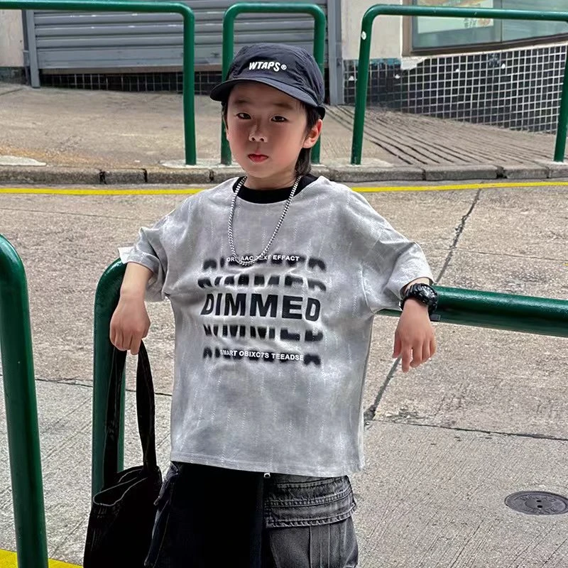 儿童夏款打底衫灰白幻影肌理上衣宝宝休闲T男童新款纯棉夏季短袖