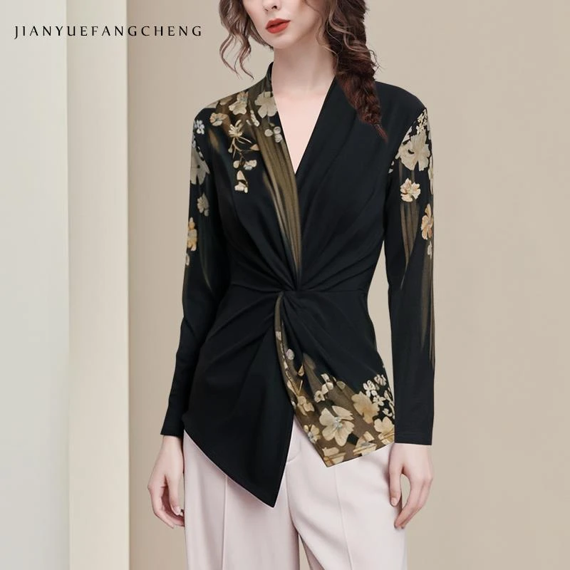 春夏印花设计感弹力衬衫上衣女V领打底衫收腰洋气小衫SC255558