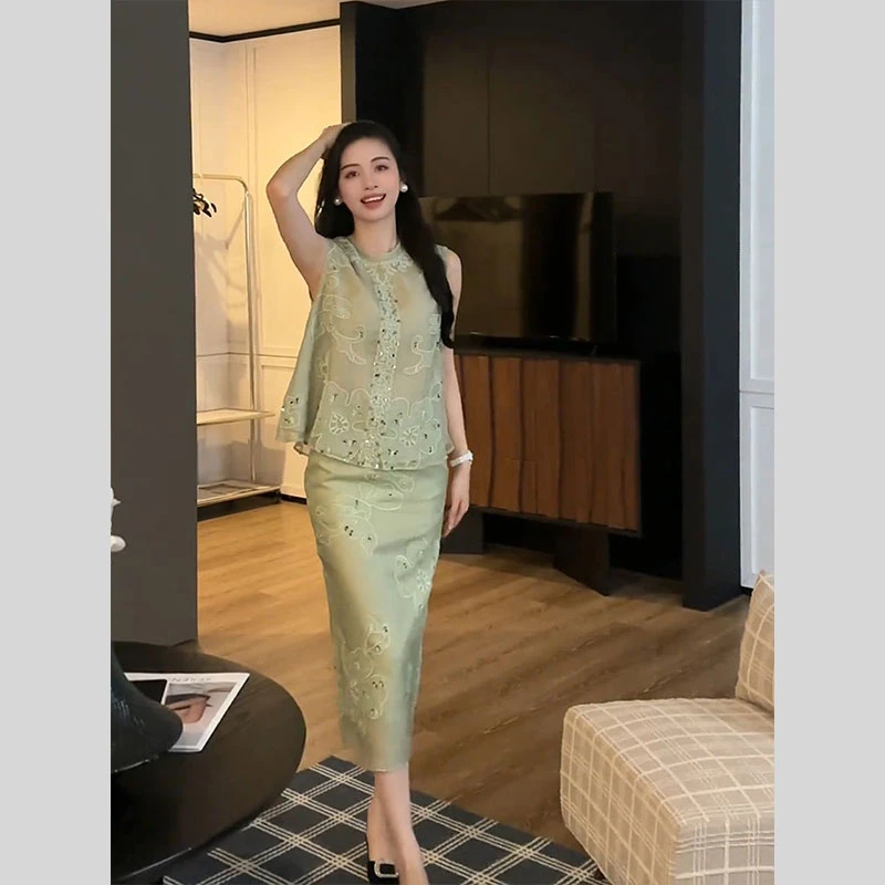 2025超火夏装一整套高级感清冷感禅意新中式国风上衣半裙两件套装