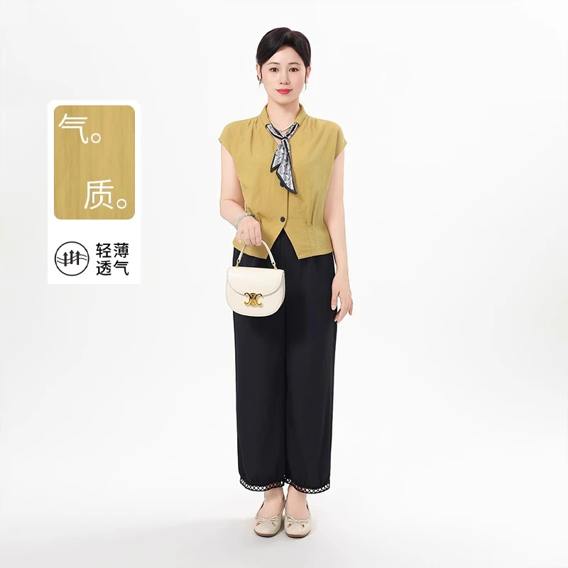 妈妈装夏套装2025新款时尚气质丝巾领上衣中老年女夏季短袖小衫