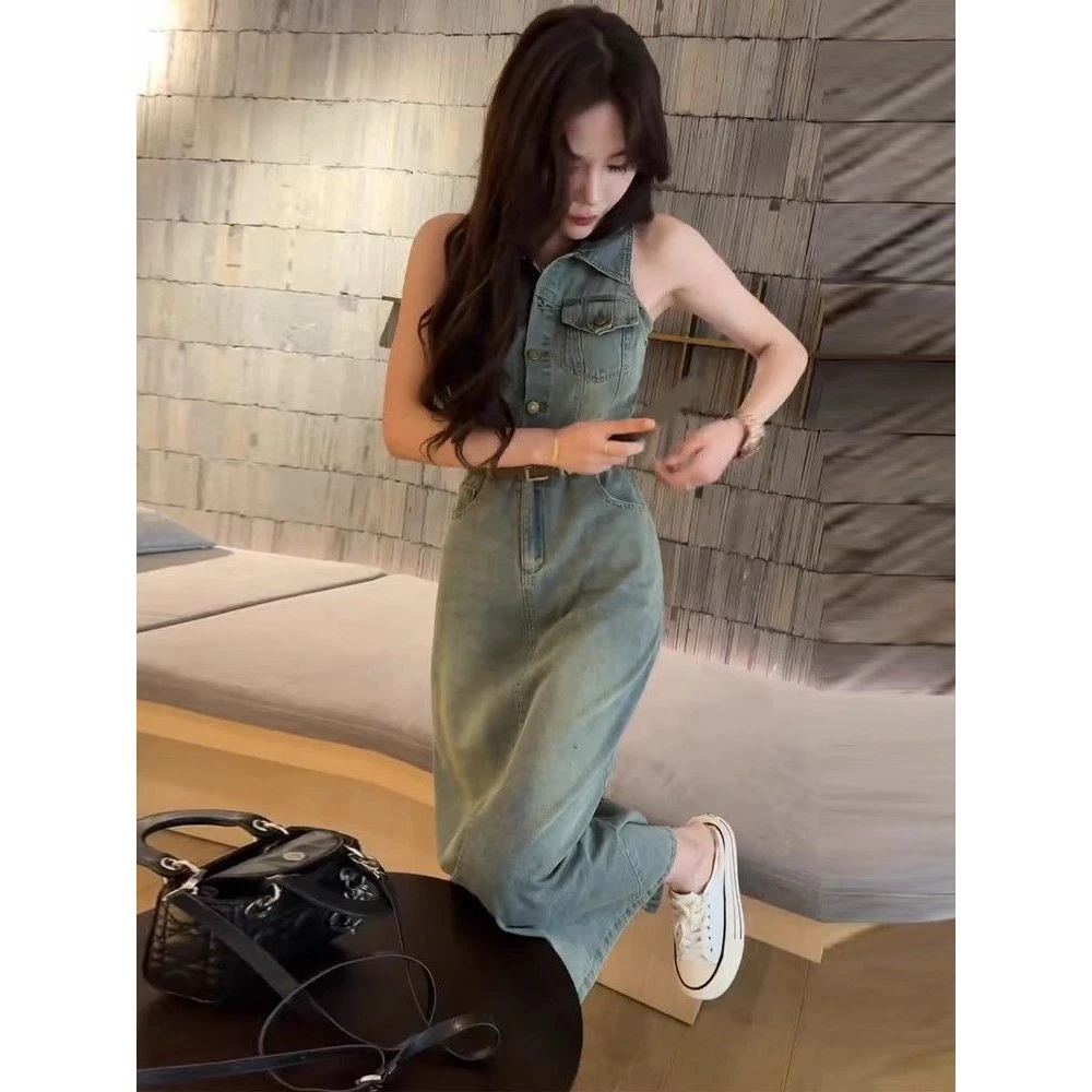 美式复古无袖牛仔连衣裙女夏季新款设计感翻领收腰显瘦后开叉长裙