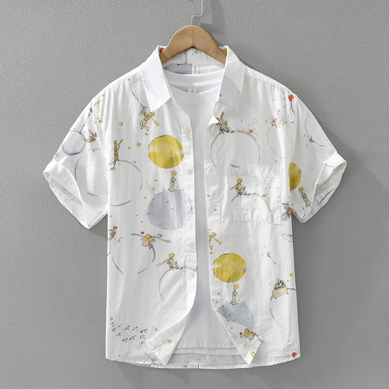 卡通印花潮流短袖衬衫男夏季新款纯棉设计感休闲衬衣宽松翻领帅气