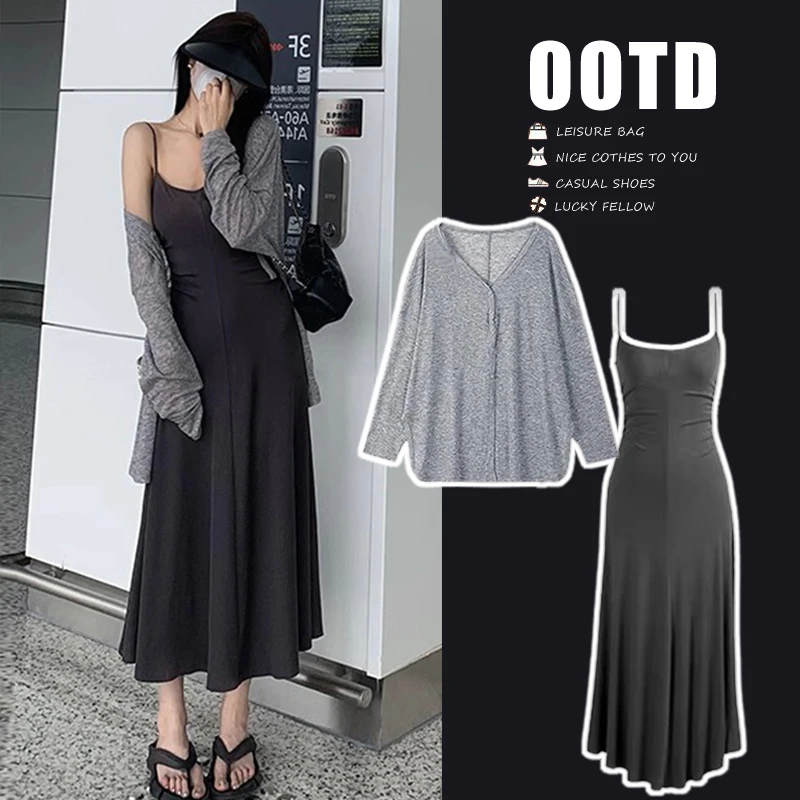 R466#3.26 慵懒风长款防晒开衫+薄款吊带裙两件套孕妇装