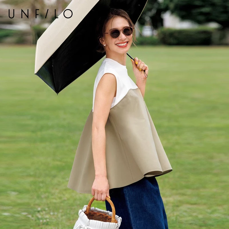 【UNFILO】夏季休闲气质外搭复古圆领薄款纯色时尚无袖拼接色T恤女