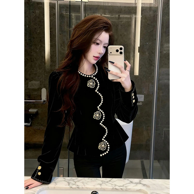 黑色丝绒上衣女冬轻奢高级感时髦洋气减龄巨好看掐腰内搭法式衬衫