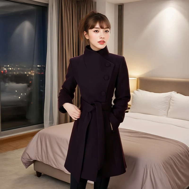 常规袖毛呢外套收腰中长款气质毛呢大衣冬季秋冬长袖女装加棉