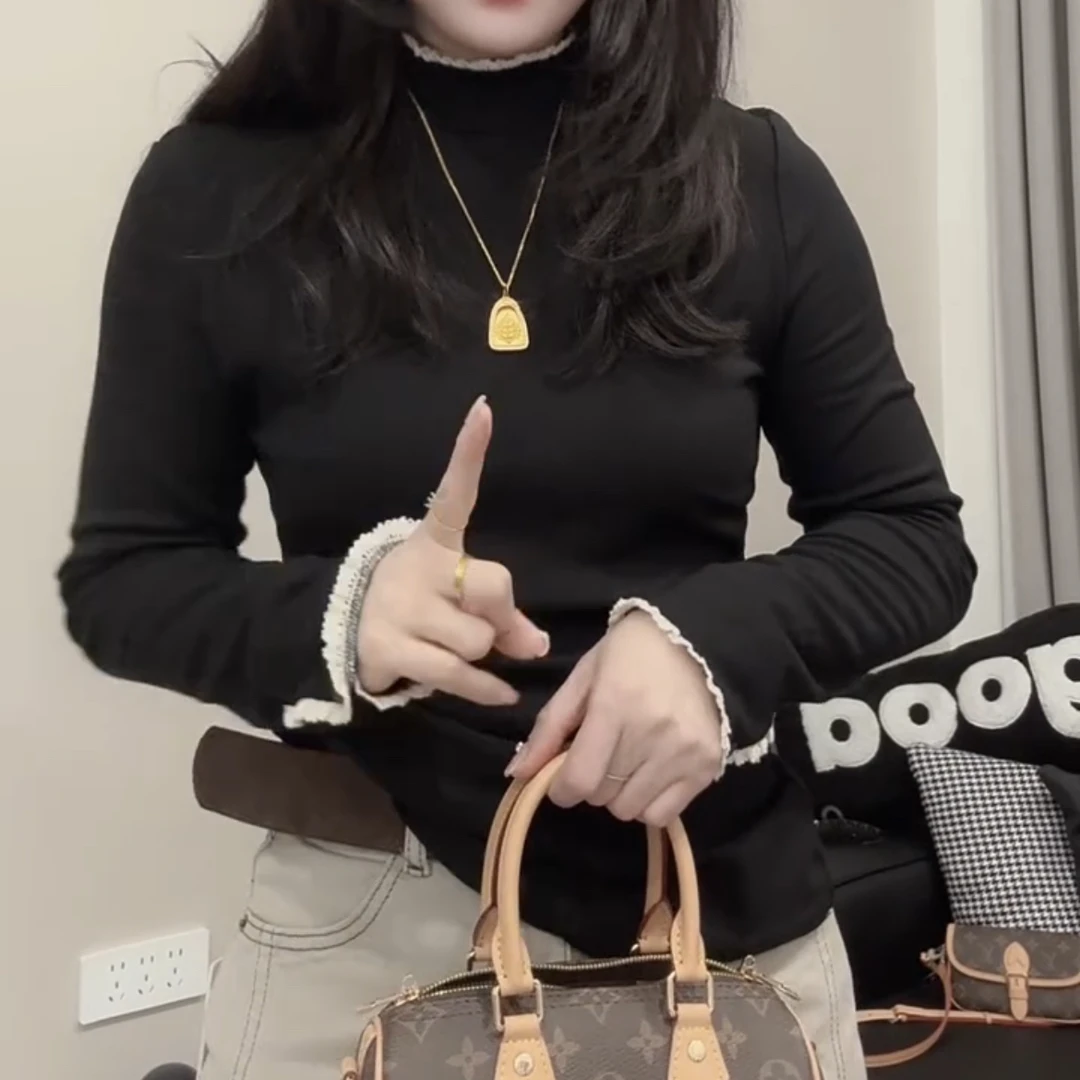 冬季新款蕾丝拼接弹力显瘦打底衫女上衣