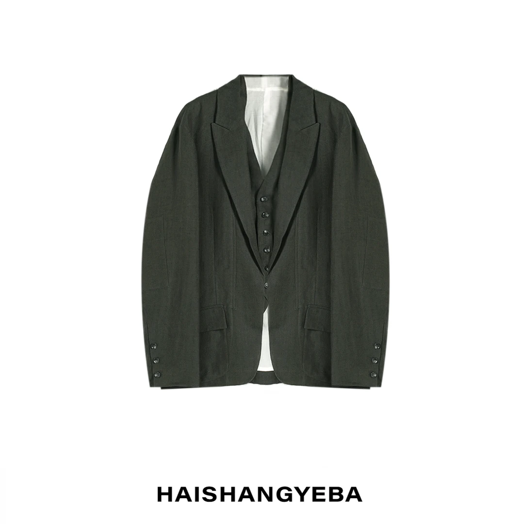 【海上叶爸】新款2025春秋百搭亚麻假二件宽松显瘦长袖西装