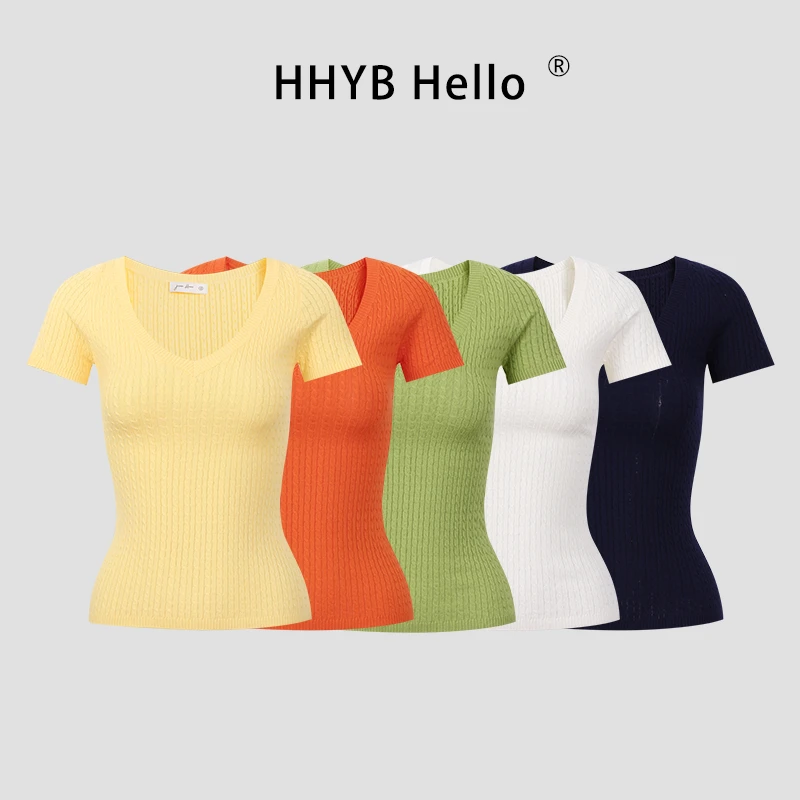 HHYB Hello【Q】麻花针织短袖2025夏季多巴胺修身显瘦亮色上衣M1172