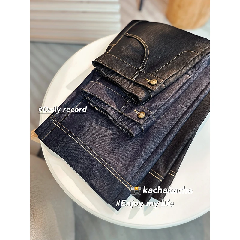 2025春季新款显瘦窄版小直筒免水洗软牛仔裤单宁蓝百搭高腰阔腿裤