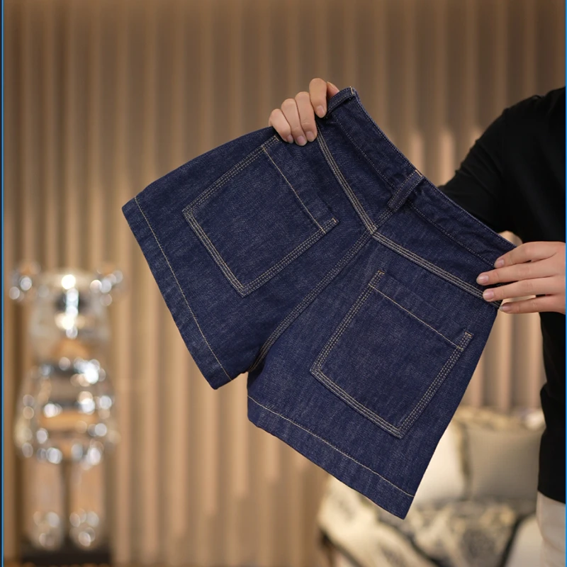 高腰牛仔短裤女夏季薄款显瘦丹宁蓝深色a字阔腿热裤宽松直筒百搭
