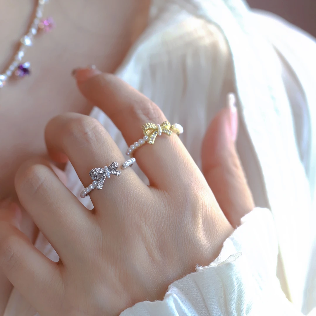 合金合成锆石戒指 高级蝴蝶结开口戒指小众精致时尚通勤百搭指环