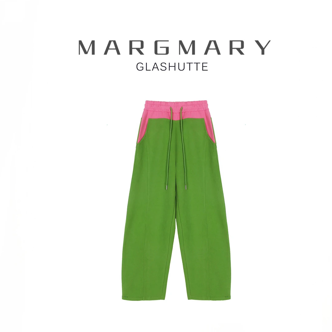 2025秋季新款绿粉拼接撞色时尚复古设计师高腰宽松显瘦百搭弯刀裤