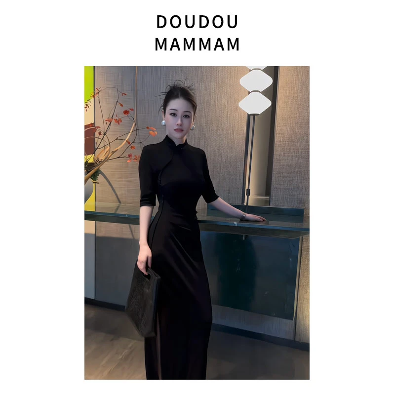 中袖国风新中式冷淡赫本风连衣裙开叉立领显瘦连衣裙