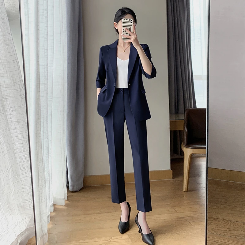 大码夏季薄款七分袖西装套装女胖mm时尚休闲女神范气质职业小西服