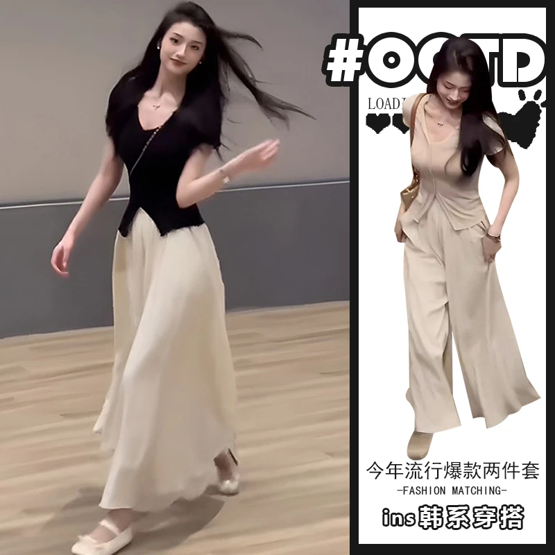 2025夏季纯欲修身显瘦开叉上衣高腰休闲阔腿裤女酷女孩显瘦套装潮