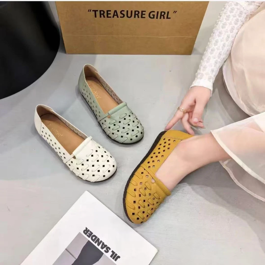 【品牌力荐】民族风镂空透气优雅软皮软底一脚蹬夏天豆豆鞋1725