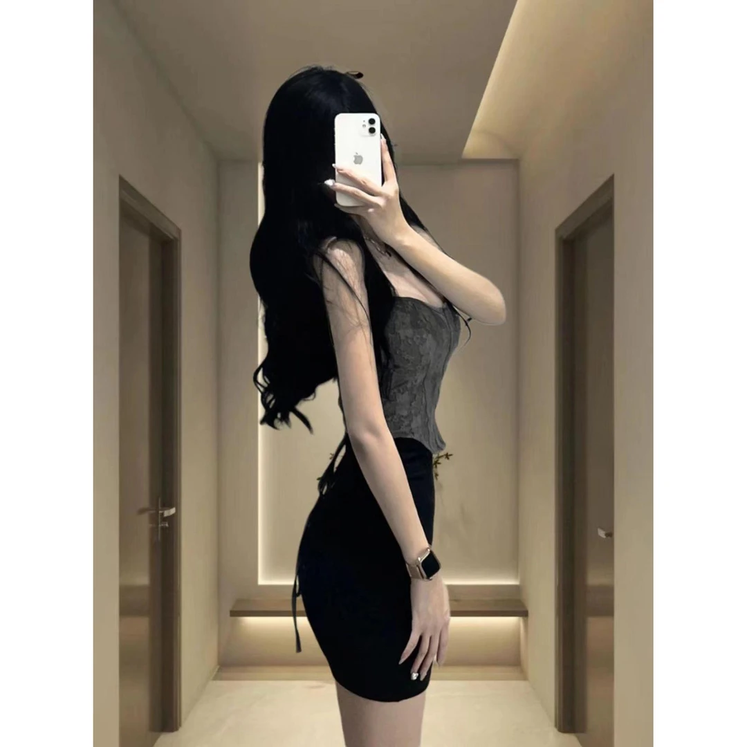 哥弟阿玛施正品套装女新款纯欲风辣妹收腰性感蕾丝吊带背心高腰包