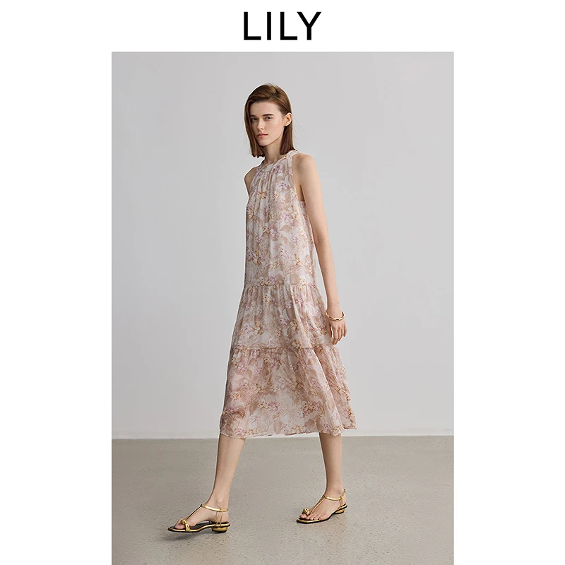 LILY2025夏新款女装挂脖连衣裙蛋糕裙125219C7973
