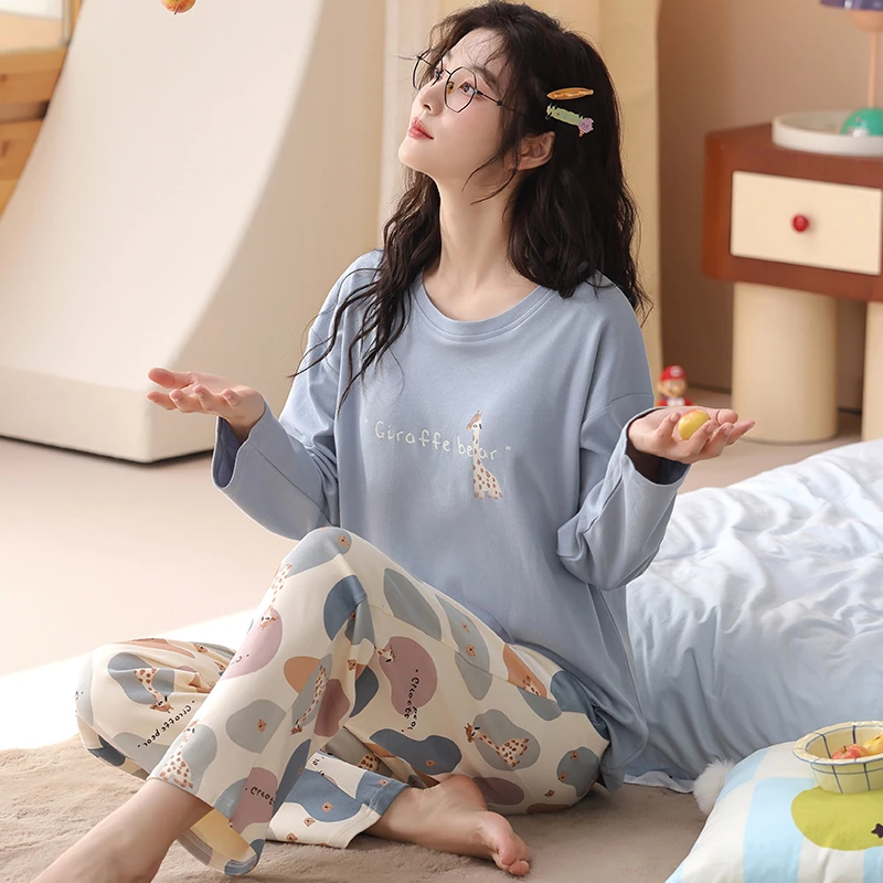 卡之恋睡衣长袖春秋季新款套头蓝色卡通小鹿撞色长裤两件套家居服