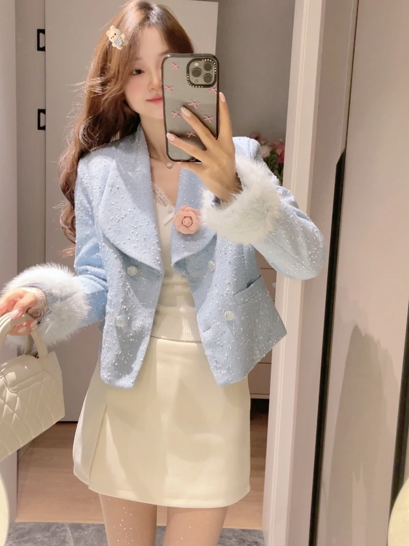 法式冬季小香风2024新款双排扣短外套女气质翻领短款上衣