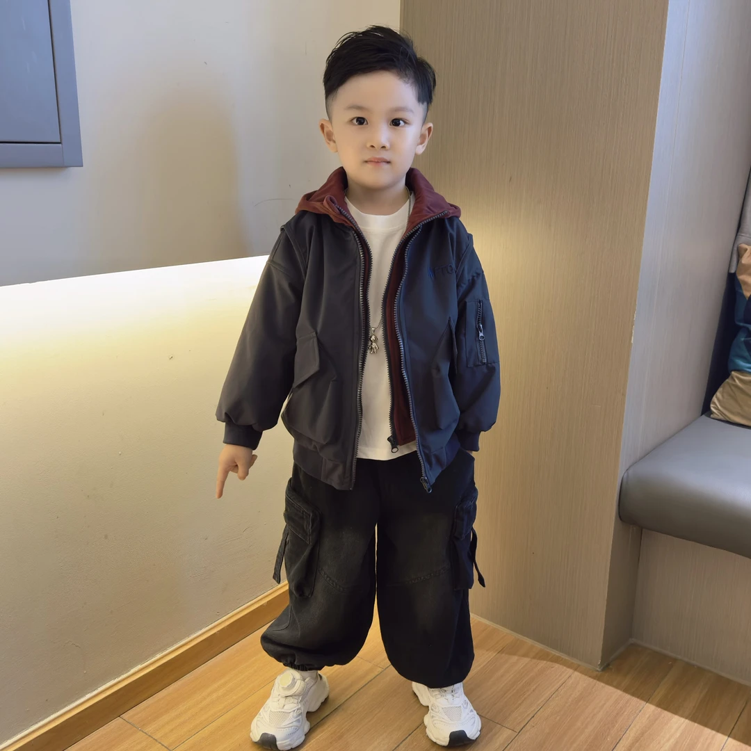 童装男童棉服儿童连帽外套2025年新款潮流假两件保暖男孩加厚上衣