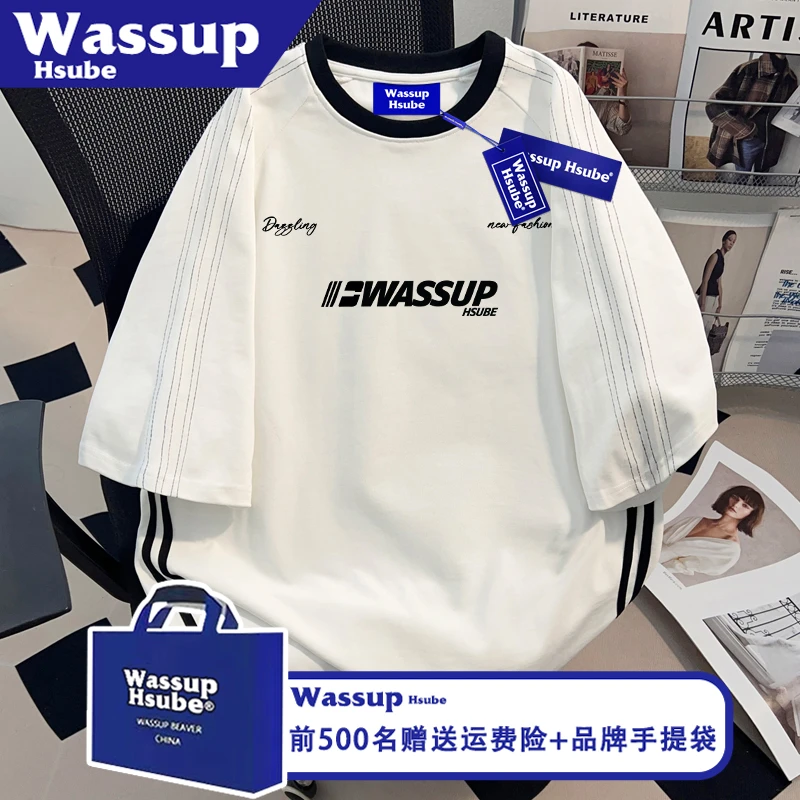 WASSUP HSUBE国潮字母印花短袖ins男女纯棉个性上衣夏季三条杠T恤
