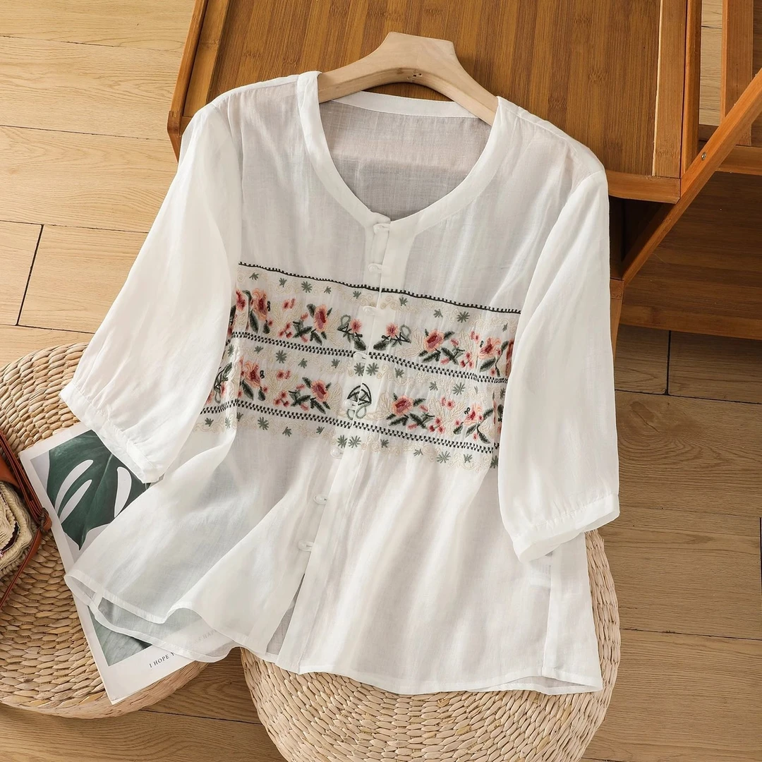 【现货+运费险】夏季民族风棉麻文艺复古绣花七分袖衬衫女上衣中式