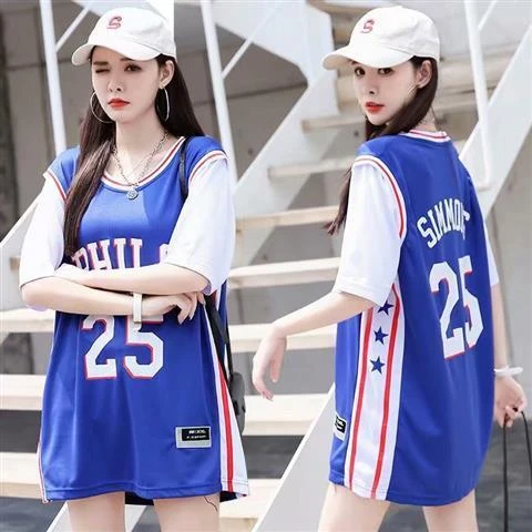夏季篮球服女假两件宽松韩版中长款街头潮流球服bf风短袖ins学生