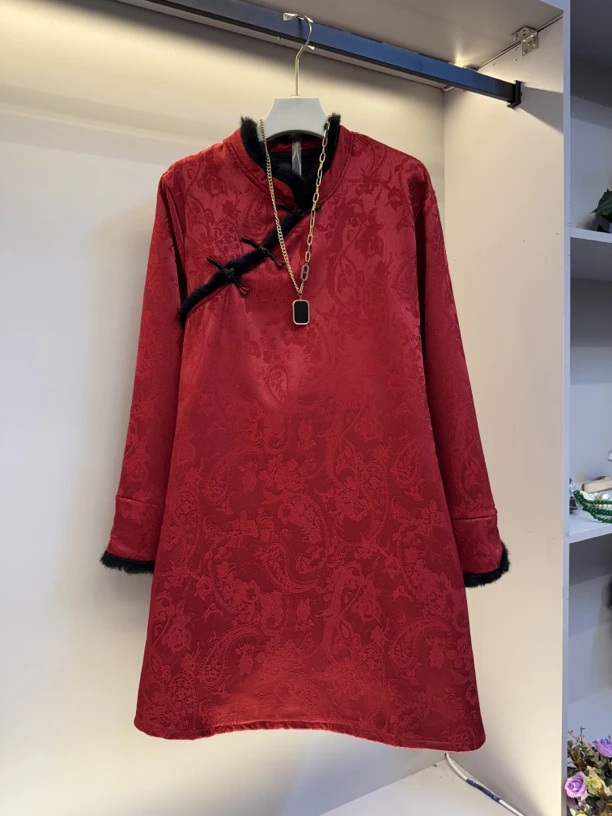 欧货新款大码女装新中式加绒气质时尚连衣裙(衣长98)