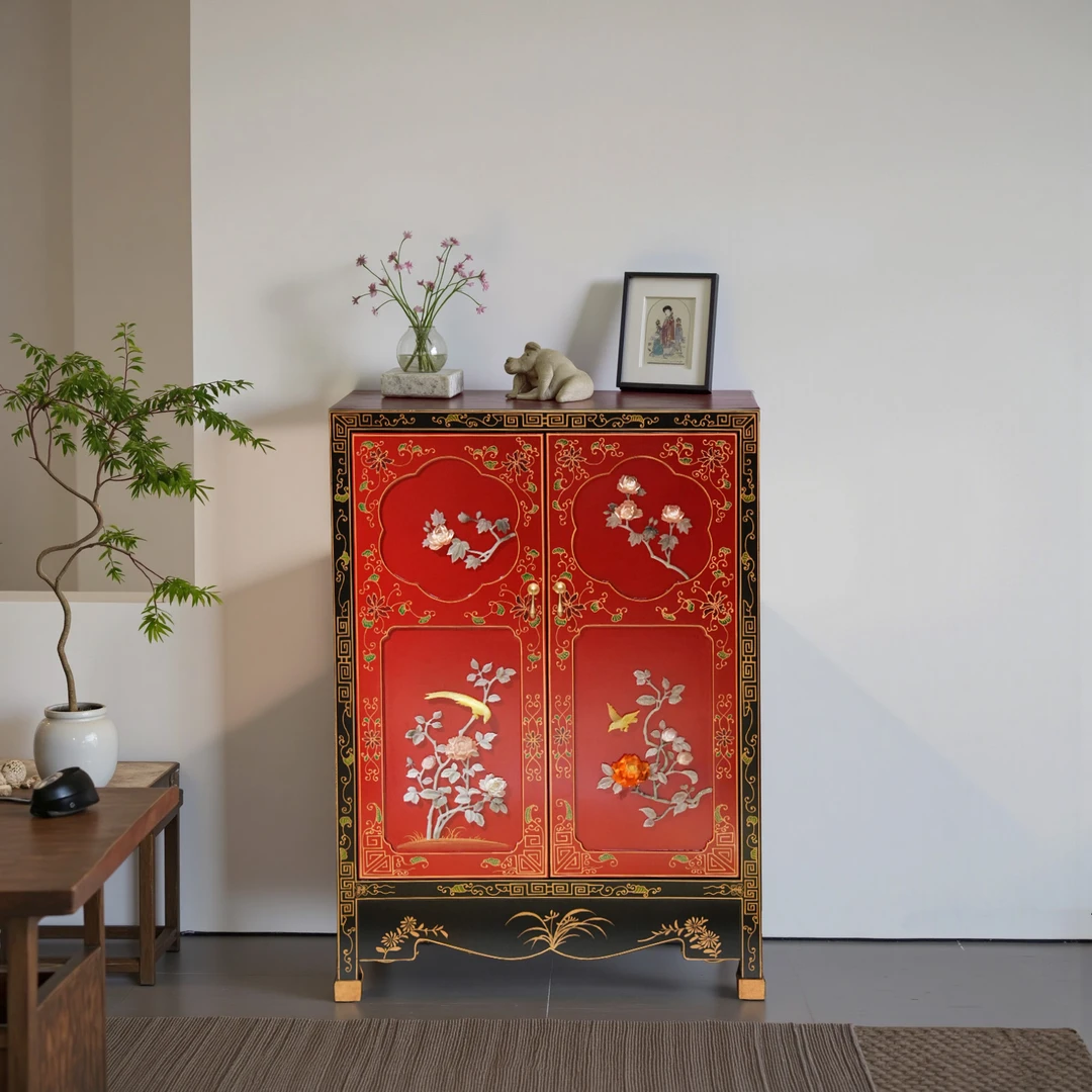 【本尼家】TS43新中式国风黑红骨石镶嵌花鸟玄关柜80*40*115cm