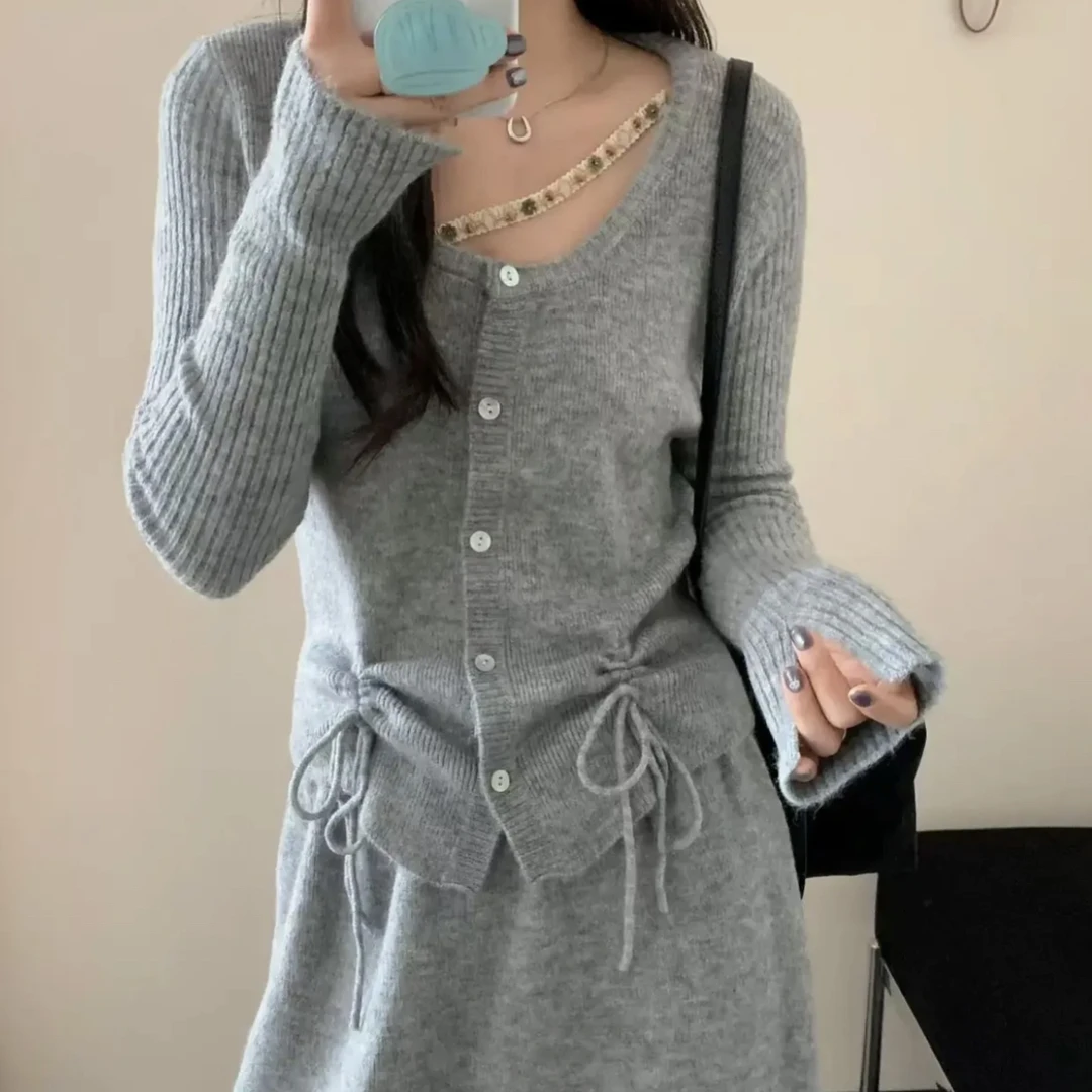 设计感抽绳V领修身单排扣显瘦针织衫上衣半身裙两件套装女秋冬季