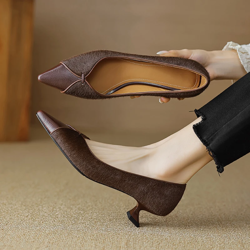 香港1:1开模真皮浅口细跟春秋高跟鞋中跟复古单鞋女新款百搭爆款