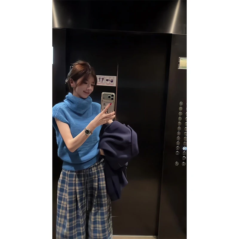 巨好看的两件套秋冬韩系慵懒软糯蓝色针织毛衣高腰格纹休闲阔腿裤