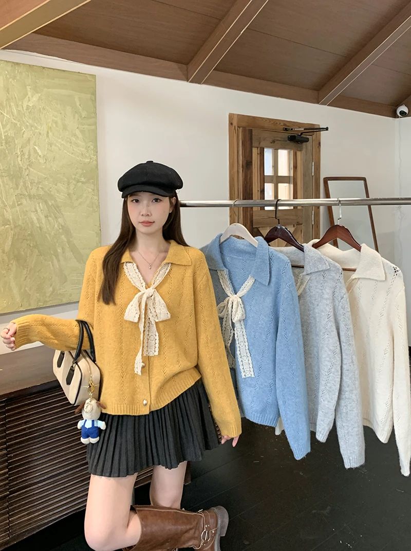 2025秋装新款胖mm大码女温柔风v领系带蝴蝶结针织上衣
