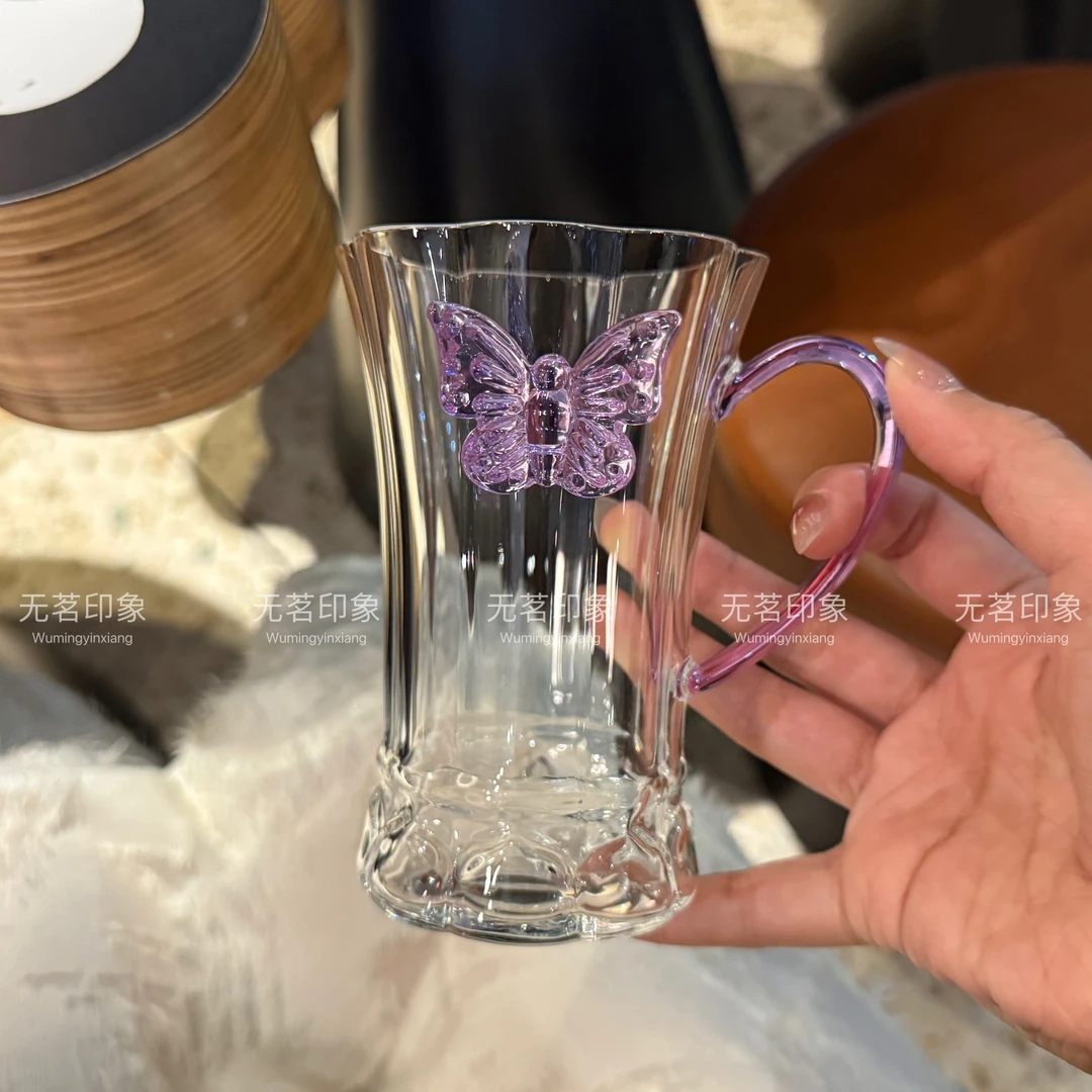 高端莲花蝴蝶水杯玻璃花茶杯可爱玻璃杯耐高温绿茶杯喝水杯子女生