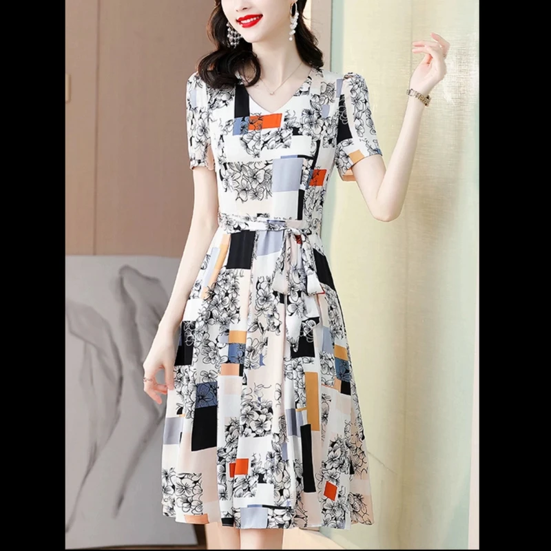 气质连衣裙女夏新款国际高端中年妈妈遮肚长裙61-3