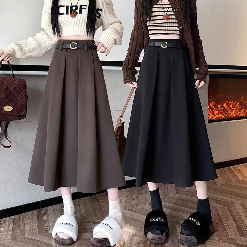 【送皮带】春夏新款百褶裙高腰显瘦中长款半身裙时尚百搭休闲A字裙