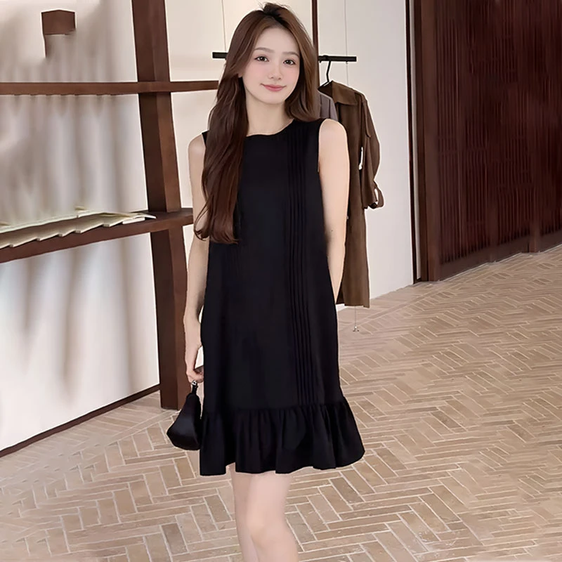 法式黑色设计感荷叶边无袖连衣裙女2025夏季新款气质背心a字短裙