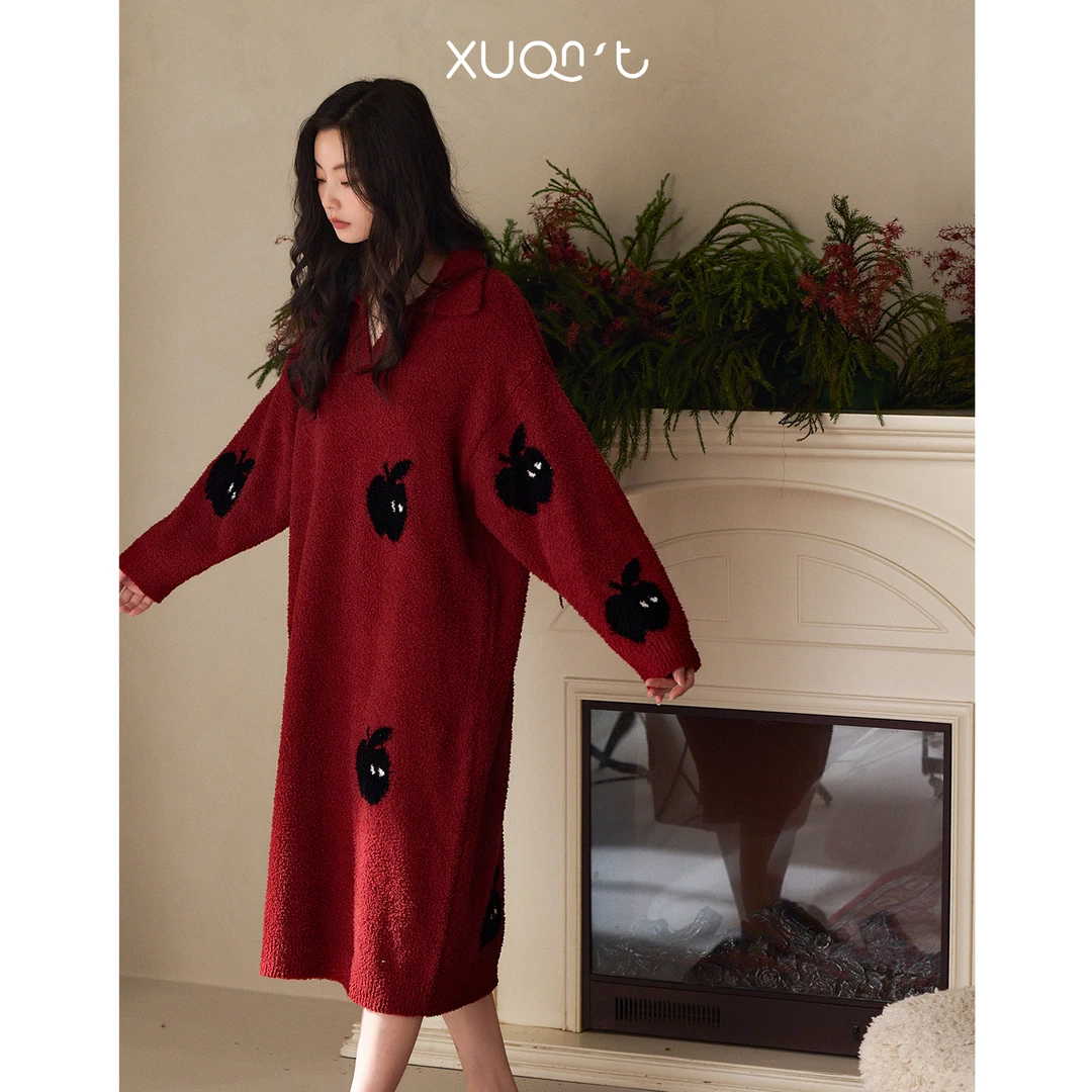 轩之婷半边绒睡裙女冬季红色本命年宽松可外穿长款睡衣珊瑚绒冬天