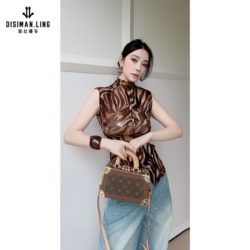 迪丝嫚苓黑咖上衣时尚休闲女士复古修身气质无袖原创设计小众优雅