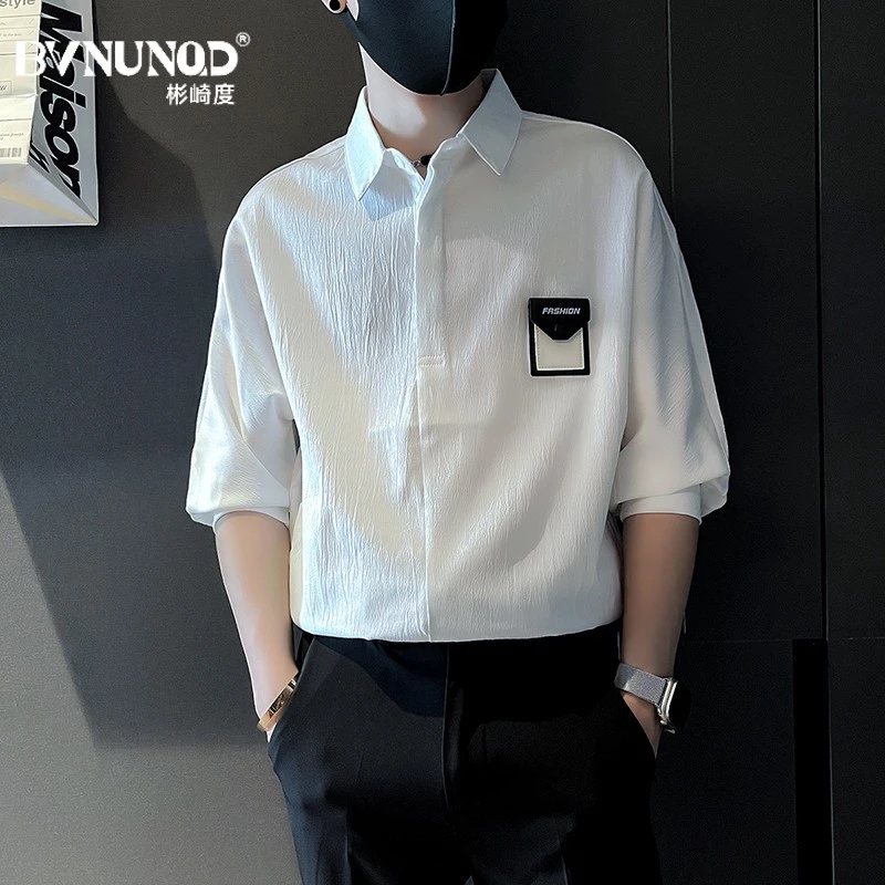 痞帅风衬衫男士短袖POLO衫夏季冰丝2025新款高级感七分袖衬衣男款